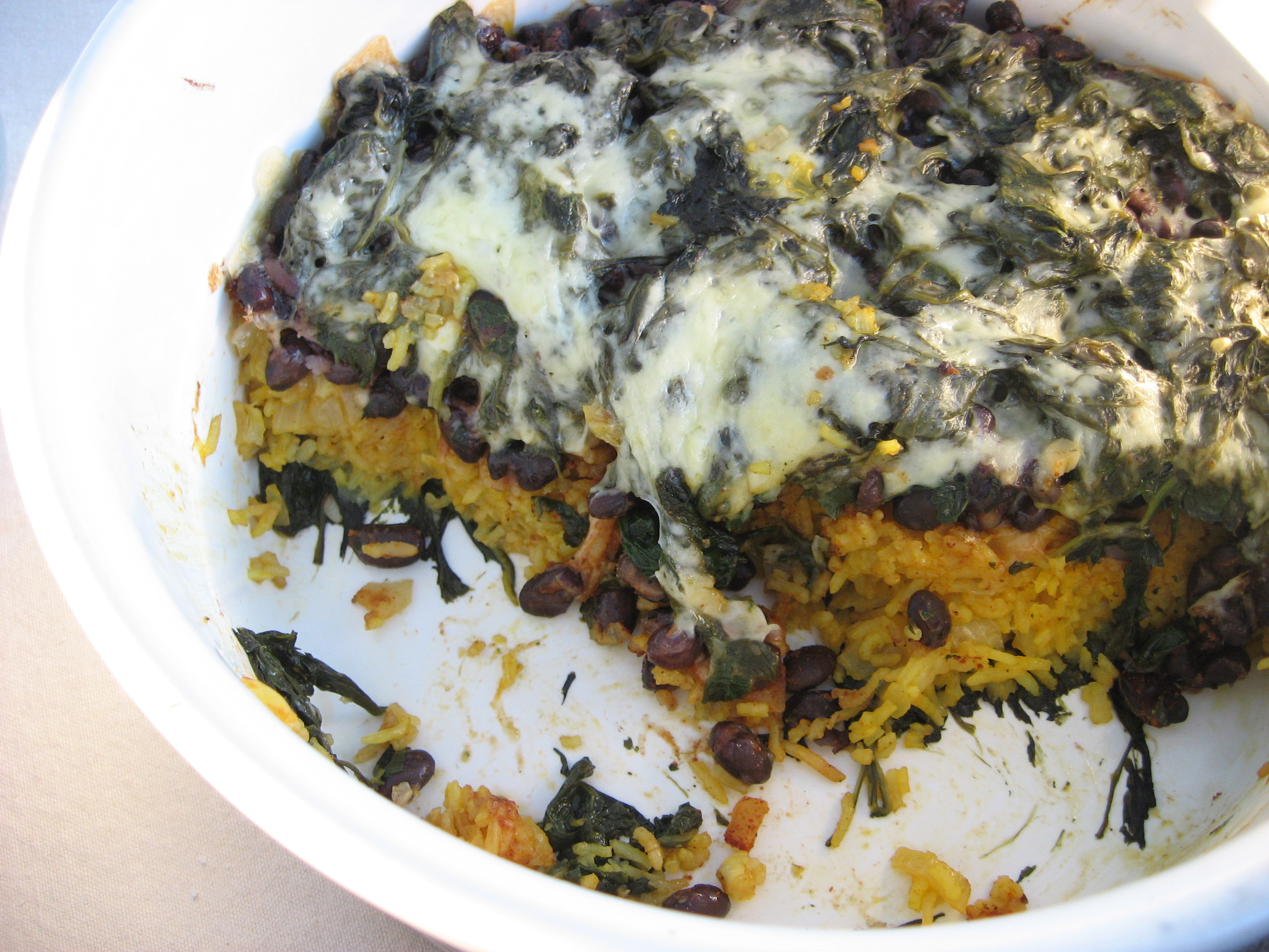 Layered Spinach, Neon Rice, and Black Bean Bake for Tacos